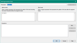 Screenshot of Trados Studio's Edit Segmentation Rule window with a modified regular expression for line breaks.