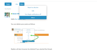 Screenshot showing a comment by Steven with a dropdown menu open, options include Report as abusive, Turn reply notifications off, Edit, and More. An arrow points to the More option.