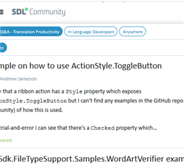 Screenshot of the SDL Community web page displaying a forum post with the title 'Example on how to use ActionStyle.ToggleButton' and some text content.
