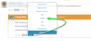 Screenshot showing a dropdown menu with options including Verify Answer, Reject Answer, Report as abusive, Edit, Delete, Split, Lock, and Moderate User. A green arrow points to the Delete option.