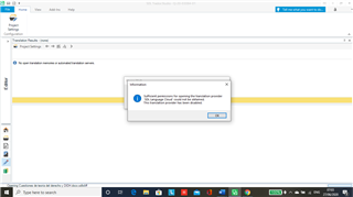Error message in Trados Studio stating 'Sufficient permissions for opening the translation provider SDL language cloud could not be obtained. This translation provider has been disabled.' with an OK button.