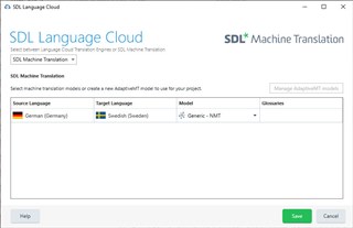 Screenshot of SDL Language Cloud Machine Translation settings showing options for Source Language as German (Germany), Target Language as Swedish (Sweden), and Model as Generic - NMT. The Glossaries option is visible but appears inactive.