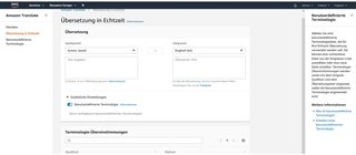 AWS Translate interface showing 'Uebersetzung in Echtzeit' with options for source language and target language, and a section for 'Automatische Terminologie' and 'Terminologie Uebersetzungsregeln'.