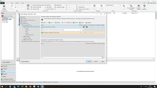 Screenshot of Trados Studio project settings showing language pair English to Portuguese with an error message indicating a problem with the SDL Machine Translation cloud provider plugin.