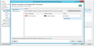 Screenshot of SDL Machine Translation settings window with source language set to French (Canada) and target language set to English (Canada), displaying only 'Baseline' engine option.