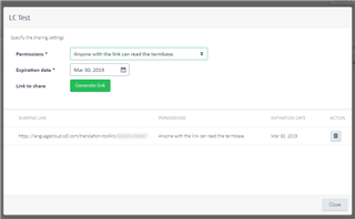 Trados Studio sharing settings window with options for permissions, expiration date, and a generated link for sharing the termbase.