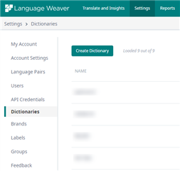 Screenshot of Trados Studio's Language Weaver settings showing an empty dictionary list with a 'Create Dictionary' button, indicating no available dictionaries for the user.