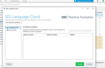 Trados Studio SDL Language Cloud window showing no machine translation engines available in the list.