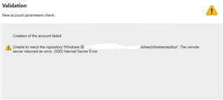 Trados Studio validation error message displaying 'Creation of the account failed. Unable to reach the repository Windows authentication at ISHWSish.infosheauth. The remote server returned an error: (500) Internal Server Error.' with a warning icon.