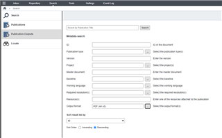 Trados Studio interface showing the Publication Outputs section with various fields such as Publication type, Version, Project, Working language, and Output format.
