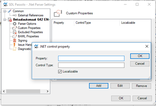 SDL Passolo .Net Parser Settings dialog with Custom Properties tab open, showing a list of properties and a smaller 'Add .NET control property' dialog with empty fields for Property and Control Type.