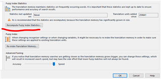SDL Studio 2017 Fuzzy Index Statistics dialog box with a message stating 'It is recommended that the statistics are recomputed, because the translation memory has significantly grown in size.' A 'Recompute Fuzzy Index Statistics...' button is visible.