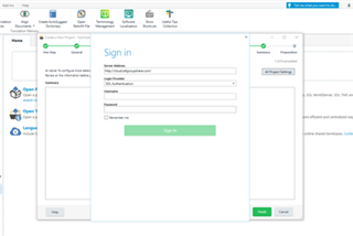 Trados Studio sign-in window overlaying project creation screen, with incorrect server URL displayed and no option to change it.