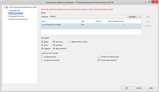 Trados Studio Translation Memory Settings window showing an error message: 'The term cannot be added because the translation memory is open in the read-only mode.'