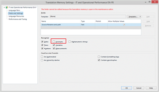 Trados Studio Translation Memory Settings window with 'Acronym' option unchecked in the 'Penalties' section, highlighted with a red box.