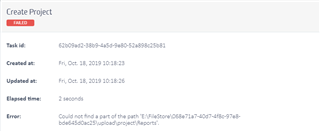 Screenshot of a Trados Studio error message stating 'Could not find a part of the path' with a file directory and task ID.