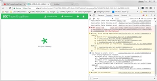 Screenshot of a web browser displaying a 502 Bad Gateway error with developer console open showing error messages related to a failed negotiation request.