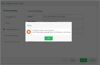Screenshot of Trados Studio error message stating 'Modifying shared LRs not allowed' while trying to rename a server-based TM with linked language resource template.