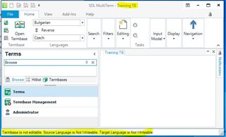 Screenshot of Trados Studio with a status bar notice stating 'Termbase not editable. Source Language is Not Writable. Target Language is Not Writable.'