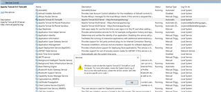 Error message on Windows Services management console showing 'Windows could not start the Apache Tomcat 8.5 Tomcat8 on Local Computer' with a reference to service-specific error code 1.
