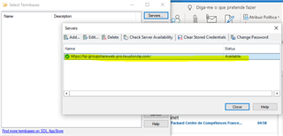 Trados Studio dialog box showing a list of servers with one server URL highlighted in yellow indicating its status as 'Available'.