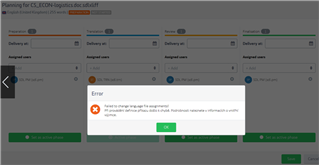 Trados Studio error message 'Failed to change language file assignments' with an 'OK' button, displayed over the project planning interface.