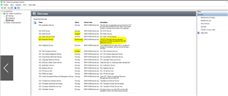 Screenshot of Trados Studio showing the Services window with SDL Execution Service highlighted and status 'Running', but with multiple error entries in the log.