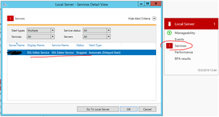 Screenshot of Local Server Services Detail View with SDL Editor Service and SDL File Processing Service listed, both showing 'Stopped' status in red text.