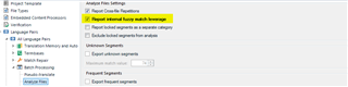 Screenshot of Trados Studio 'Analyze Files' settings with the 'Report internal fuzzy match leverage' option checked.
