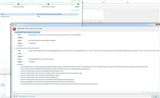 Trados Studio screenshot showing an error message after importing units. The message reads 'Object reference not set to an instance of an object.'