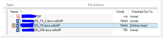 Trados Studio file list showing one file checked out to 'Online User' and others available.