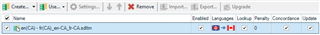 Trados Studio interface with an error indicated by a red exclamation mark next to the 'Name' column and the language provider 'GTC-CA(CA)-en-CA-CAdstn' with enabled languages displayed as British and American flags.