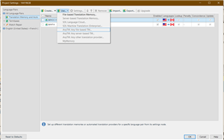 Trados Studio 2021 Project Settings window showing the Language Pairs tab with Translation Memory and Automated Translation pane. The AnyTM option is greyed out and unselectable.
