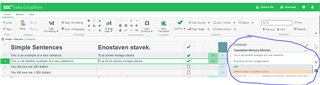 Trados Studio OnlineEditor interface showing a project with Simple Sentences and Eastern Slovak. A warning message 'Translation Memory Disabled' is highlighted in the project settings.