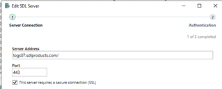 Screenshot of Trados Studio Edit SQL Server window showing Server Connection settings with server address 'logdb7.sdlproducts.com' and port '443' with a checked box for 'This server requires a secure connection (SSL)'.