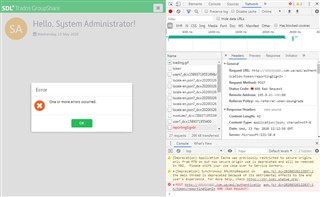Screenshot of SDL Trados GroupShare error message saying 'One or more errors occurred.' with a web console in the background showing HTTP 500 Internal Server Error.