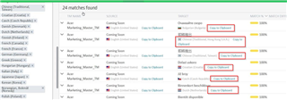 Screenshot of a translation management tool showing 24 matches found. Each entry has a 'Copy to Clipboard' option highlighted in red, indicating the user's query about exporting results for all languages at once.