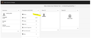 Screenshot of Adobe Experience Manager interface with a highlighted translation job status 'Submitted' and summary details such as language 'en-us' and number of pages '50'.