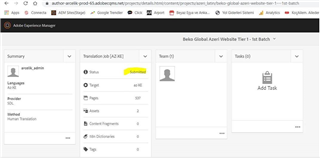 Screenshot of Adobe Experience Manager interface showing a translation job with status 'Submitted', including summary details like language, pages, and assets.