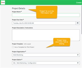 Screenshot of a 'Project Details' form with fields for Project Name, Date, Description, Template, Organization, and Option. Annotations highlight missing 'Project' drop-down.