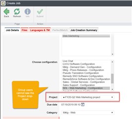Screenshot of a 'Create Job' form in a different system with a 'Project' drop-down menu visible. Annotation indicates this is the desired drop-down.