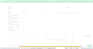Screenshot of Trados Studio's ManTra Project Details page with options to download job quote as PDF or Excel. Internet Explorer prompt overlay with options to open, save, or cancel the download. The ManTra screen is greyed out in the background indicating inactivity.