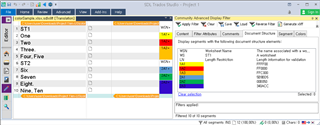 Trados Studio interface showing a project with a list of numbered items from 'One' to 'Ten' in the first column. The second column is empty. A 'Quality Assurance' window is open with various checked options for verification.