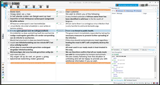 Trados Studio interface showing a translation project with segments, source and target panes, and a message window with no visible errors.