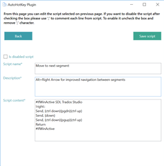AutoHotkey Plugin window in Trados Studio with a script for Alt+Right Arrow navigation, checkbox for 'Script is disabled' is unchecked.