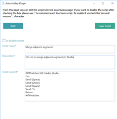 AutoHotkey Plugin window showing a script for merging adjacent segments in Trados Studio with a description and script content visible.