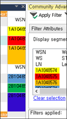 Trados Studio screenshot showing the filter attributes panel with various segment codes highlighted in yellow and red, indicating a selection has been made.