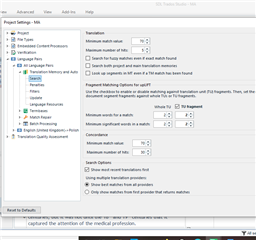 Trados Studio Project Settings window showing upLIFT settings with fragment matching options and minimum match values.