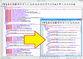 Screenshot of Trados Studio interface showing a comparison of .tmx files before and after fields removal, with a yellow arrow indicating the changes.