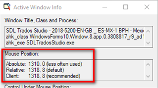 Active Window Info tool showing mouse position coordinates with Absolute: 1310, 8 and Relative: 1318, 8 in SDL Trados Studio application.